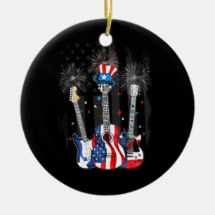 Proud American Flagga Guitar Fireworks Patriotic 4 Julgransprydnad Keramik