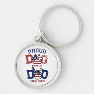 Proud American USA Pet Hund Pappa Älskare US Flagg Rund Silverfärgad Nyckelring