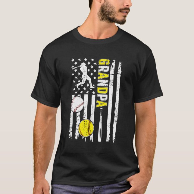 Proud Baseball Softball Grandpa American Flagga T Shirt (Framsida)