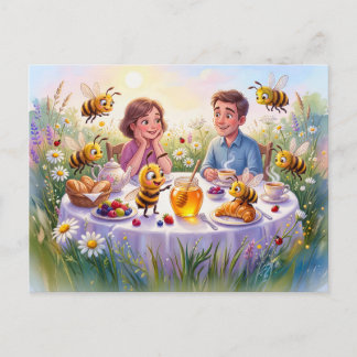 Proud bees circling breakfast honey in comic illus vykort