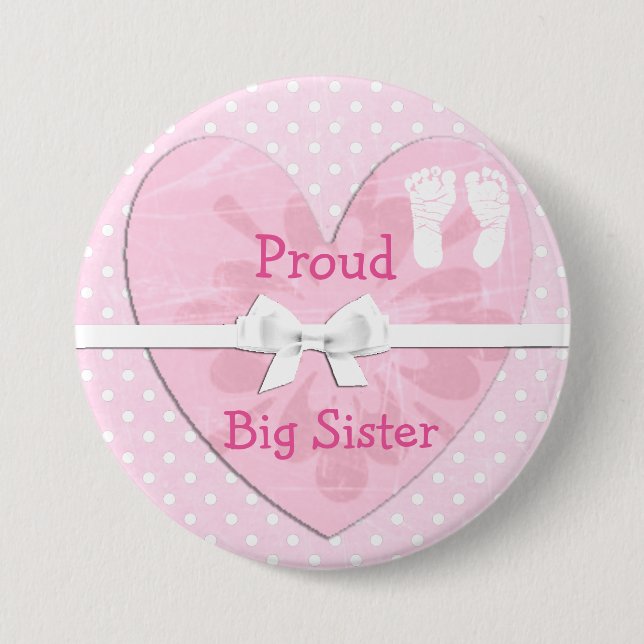 Proud Big Sister White & Rosa Polka Dot Button Knapp (Framsida)