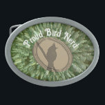 Proud Bird Nerd Silhouette Grönt Brown Birder<br><div class="desc">Lägg till en liten bit av din kärlek fåglar i din utrustning med det stolta fågelnördet bälte-låsbeslaget med en fågellsiluett i brunt med en grönt stjärnburst av rand bakom silhuetten. "Proud Bird Nerd" visas ovanför fågelbilden och kan enkelt anpassas. Ursprunglig design - C. McGouldrick</div>