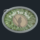 Proud Bird Nerd Silhouette Grönt Brown Birder<br><div class="desc">Lägg till en liten bit av din kärlek fåglar i din utrustning med det stolta fågelnördet bälte-låsbeslaget med en fågellsiluett i brunt med en grönt stjärnburst av rand bakom silhuetten. "Proud Bird Nerd" visas ovanför fågelbilden och kan enkelt anpassas. Ursprunglig design - C. McGouldrick</div>
