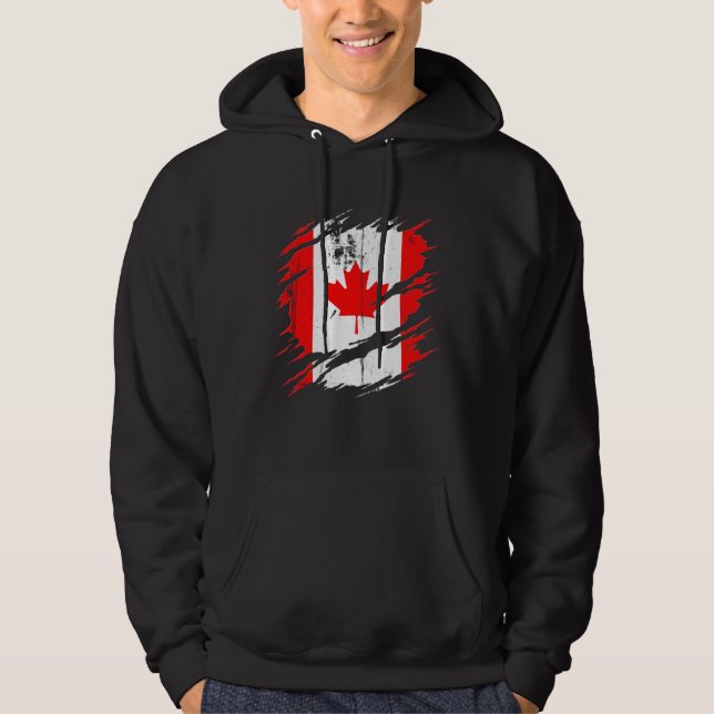 Proud Canadian  Torn Ripped Canada Flag Hoodie (Framsida)