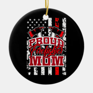 Proud Firefighter Mamma Red Thin Line American Fla Julgransprydnad Keramik