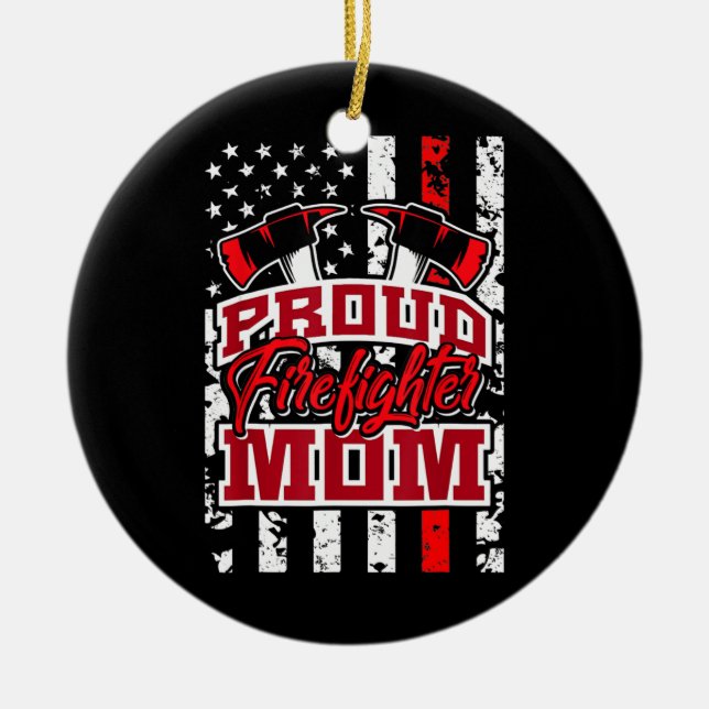 Proud Firefighter Mamma Red Thin Line American Fla Julgransprydnad Keramik (Framsidan)