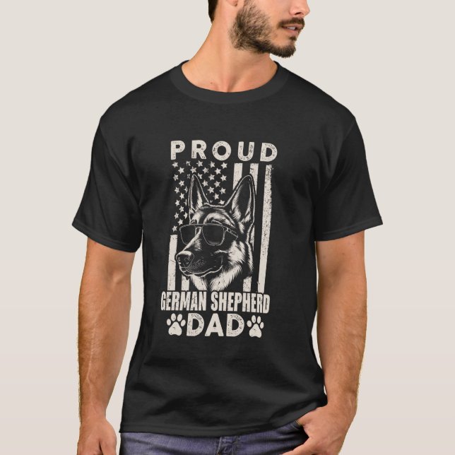 Proud German Shepherd Hund Pappa American Flagga L T Shirt (Framsida)