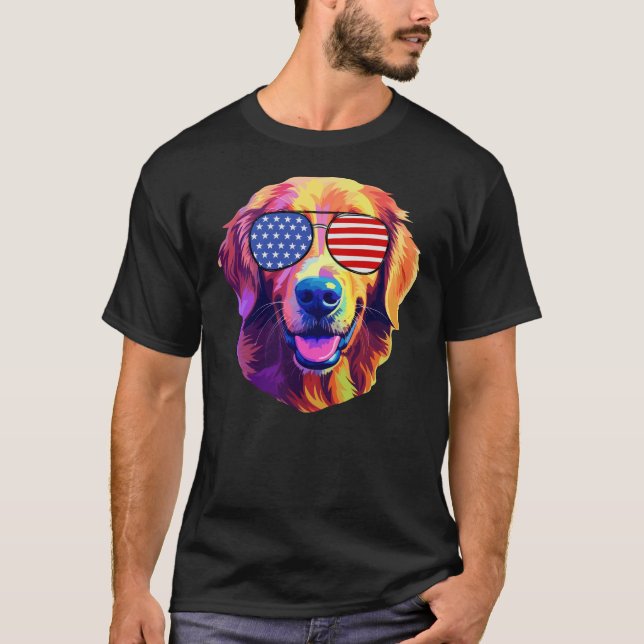 Proud Golden Retriever American Flagga sunglass T Shirt (Framsida)