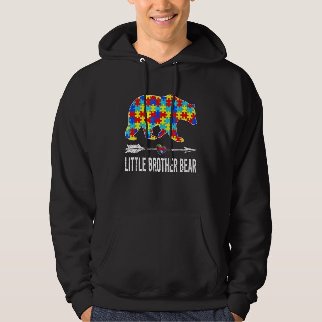 Proud Little Brother Bear Autism Awareness Boys Hoodie (Framsida)