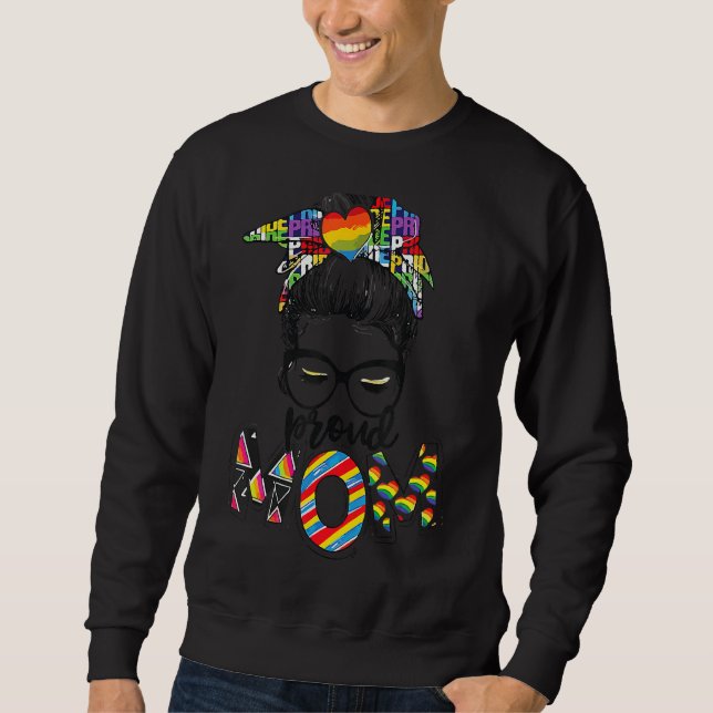 Proud Mamma Rainbow Heart Lgbt Pride Messy Bun Fre Lång Ärmad Tröja (Framsida)