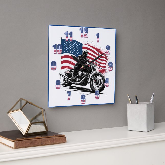 Proud rider med amerikansk flagga i solnedgång fyrkantig klocka (Kontor)