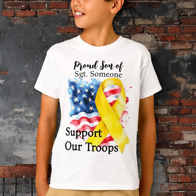 Proud Son till Hero Barn T Shirt (Support Our Troops.  Proud Son of... Boy's T-shirt. US flag.  Yellow awareness ribbon.)