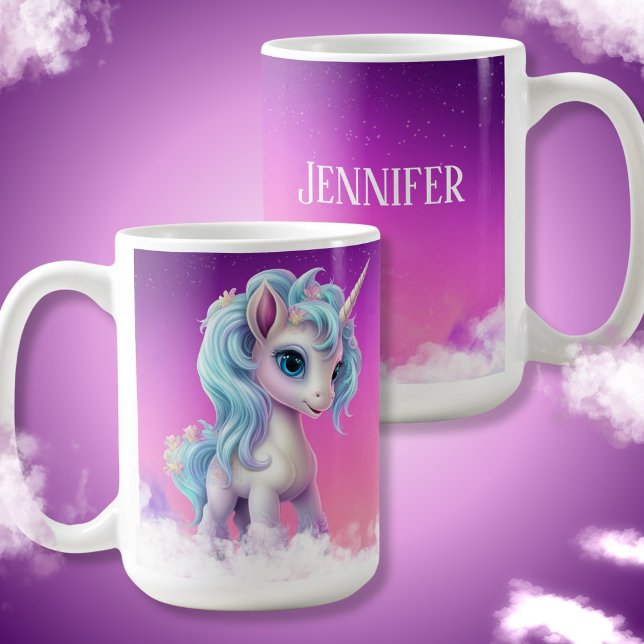 Proud Unicorn på moln, rosa himlar, stjärnor och n Kaffemugg (Name Pink Unicorn on clouds Coffee Mug)