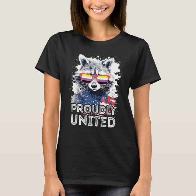Proudly United  Raccoon Non Binary Sunglasses Flag T Shirt (Framsida)