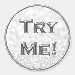 Prova mig Glitter Silver Grått Tester Samplingsbeh Runt Klistermärke