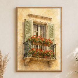 Provence Balkong Vattenfärg Traditionell Affisch
