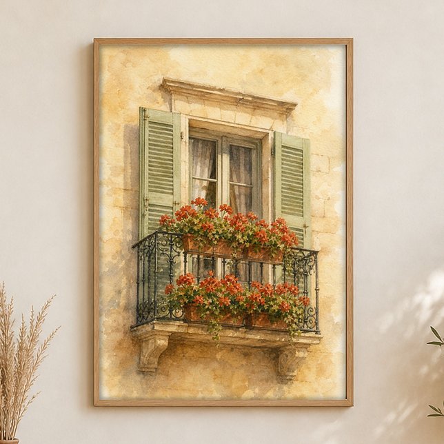 Provence Balkong Vattenfärg Traditionell Affisch (Shown framed for scale. Poster ships unframed; frames are an optional add-on.)