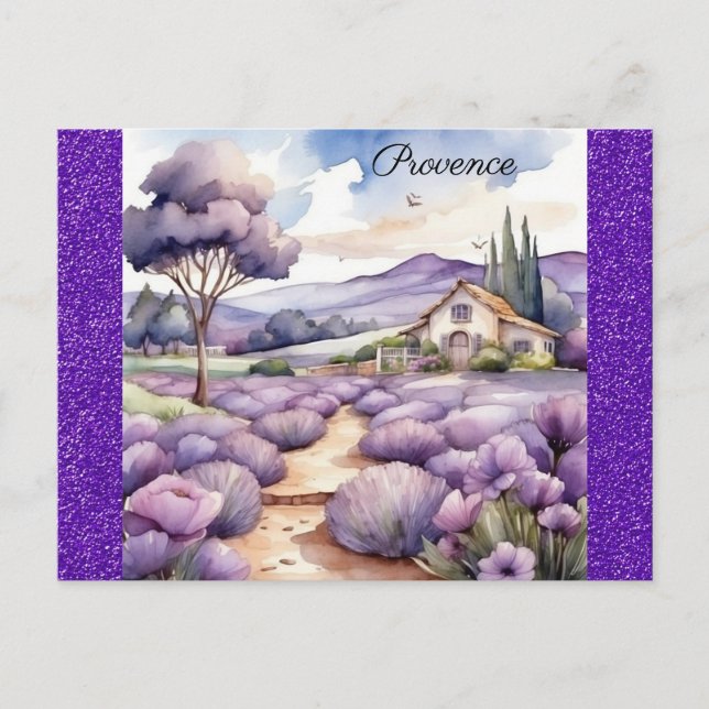 Provence Frankrike Fransk Lavender Fält Watercolor Vykort (Framsida)
