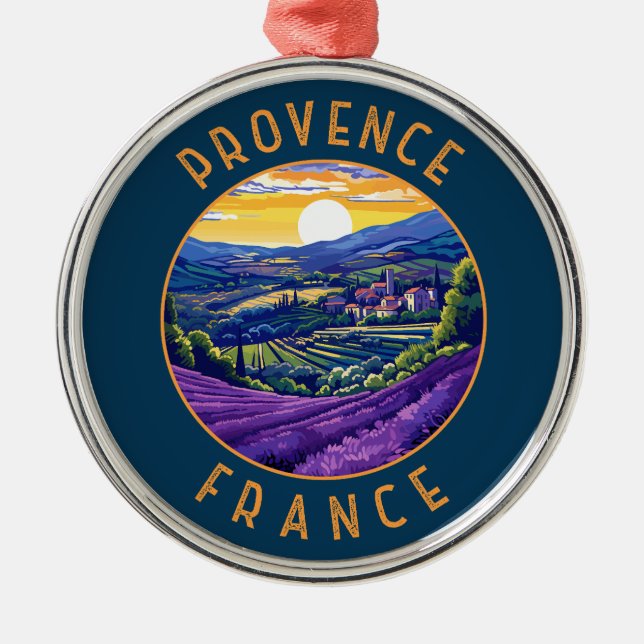 Provence Frankrike Lavender Retro Distress Circle Julgransprydnad Metall (Framsidan)