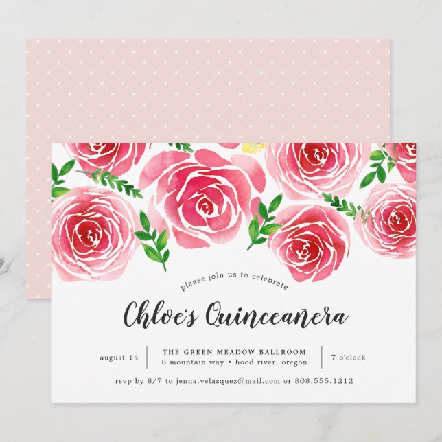 Provence Ro | Röd vattenfärg, Blommigt Quinceañera Inbjudningar (Fram/baksida)