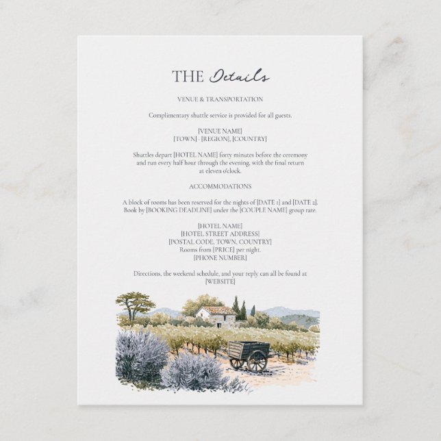 Provence vingård bröllop detaljer bifogad  tilläggskort (Framsida)