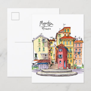 Provenhus Menton Frankrike Illustration Travel Vykort