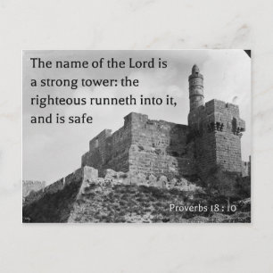 Proverbs 18:10 på en gammal bild av Jerusalem Vykort