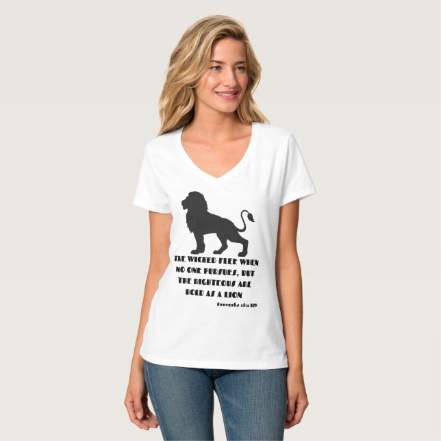 Proverbs 28:1 Bible Verse Quote KJV Womens V-Nacke T Shirt (Hel framsida)