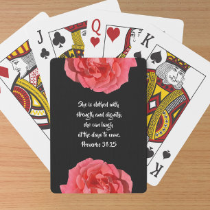 Proverbs 31:25 Bible Verse Röd ros on Black Casinokort