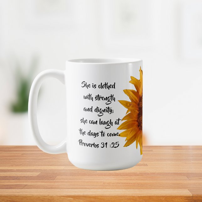Proverbs 31:25 Bible Verse Solrosor Anpassningsbar Kaffemugg (Skapare uppladdad)
