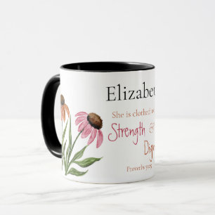 Proverbs 31:25 Blommigt för styrka och värdighet Mugg