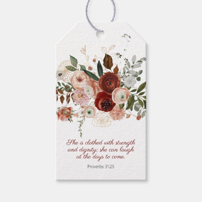 Proverbs 31:25-Elegantens Blommigt Gift-Märkre Presentetikett (Framsidan)