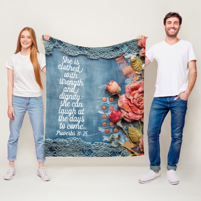 Proverbs 31:25 Fleece Blanket Bible Verse Floral (På plats)