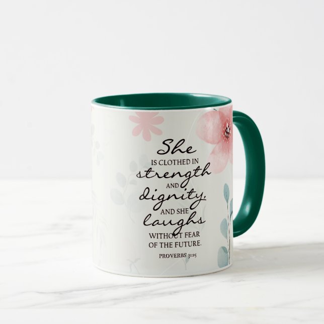 Proverbs 31:25 Hon är klädd med styrka Mugg (Framsida höger)