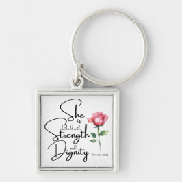 Proverbs 31:25 Hon är täckt bibelblomma Fyrkantig Silverfärgad Nyckelring