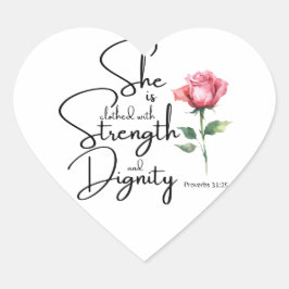 Proverbs 31:25 Hon är täckt bibelblomma Hjärtformat Klistermärke
