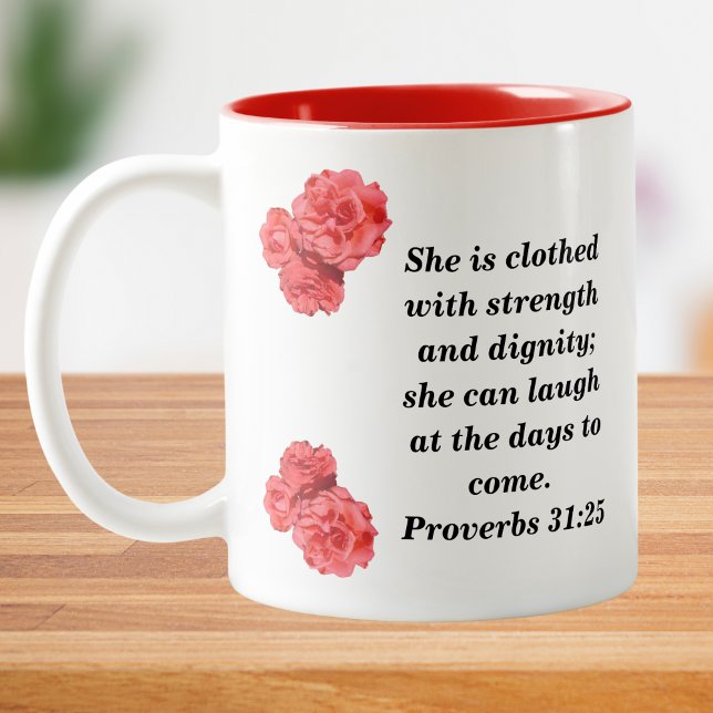 Proverbs 31:25 Ideal Christian Woman With Red Rose Två-Tonad Mugg (Skapare uppladdad)