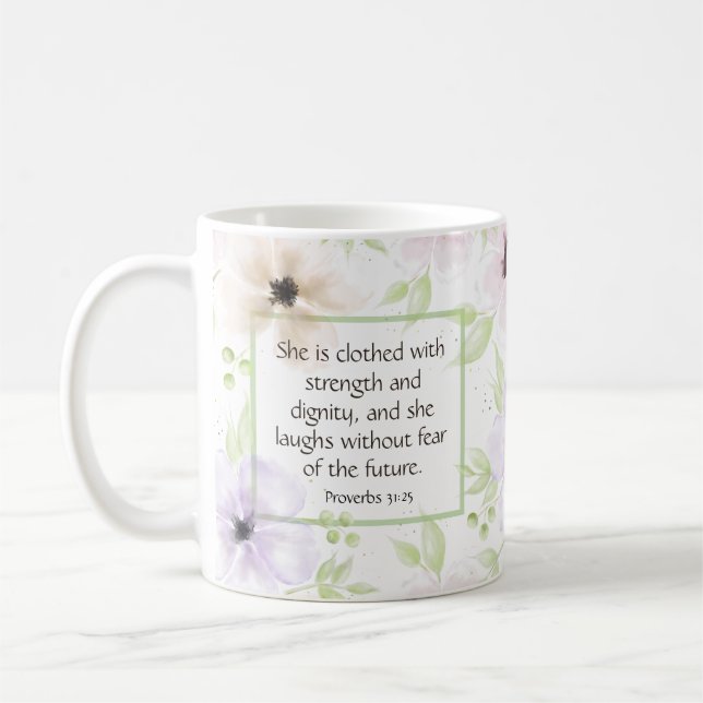 Proverbs 31:25 Inspirational Quote Christian Woman Kaffemugg (Vänster)