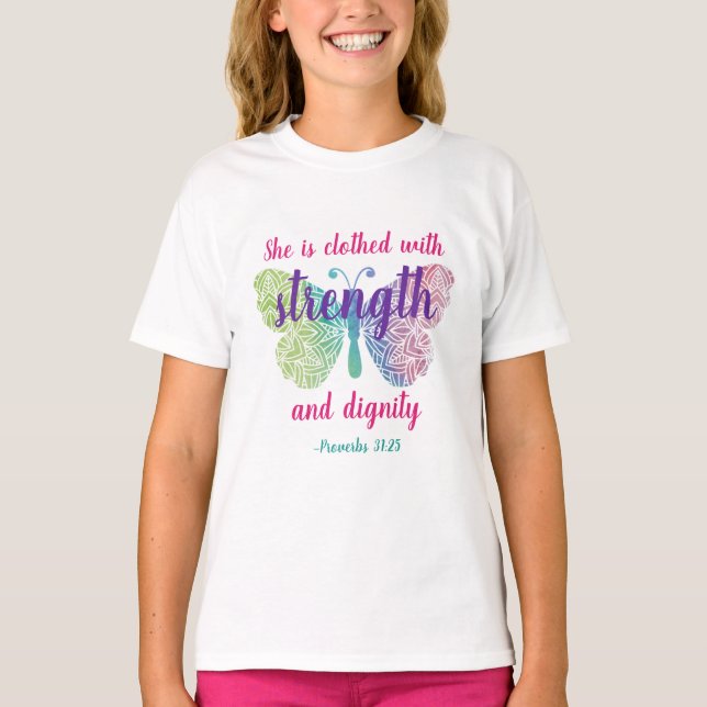 Proverbs 31:25, klätt med styrka t shirt (Framsida)