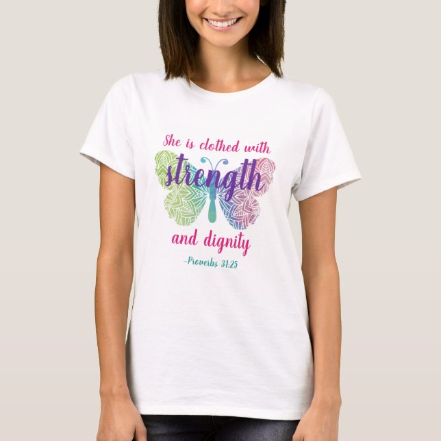 Proverbs 31:25, klätt med styrka t shirt (Framsida)