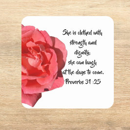 Proverbs 31:25 Röd ros Anpassningsbar Bible Verse Fyrkantigt Klistermärke