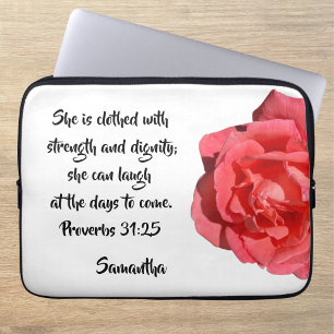 Proverbs 31:25 Röd ros Anpassningsbar Bible Verse Laptop Fodral