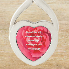 Proverbs 31:25 Röd ros Anpassningsbar Bible Verse Twisted Heart Silverfärgad Nyckelring