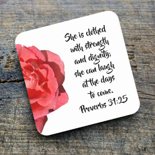 Proverbs 31:25 Röd ros Christian Underlägg Papper Kvadrat