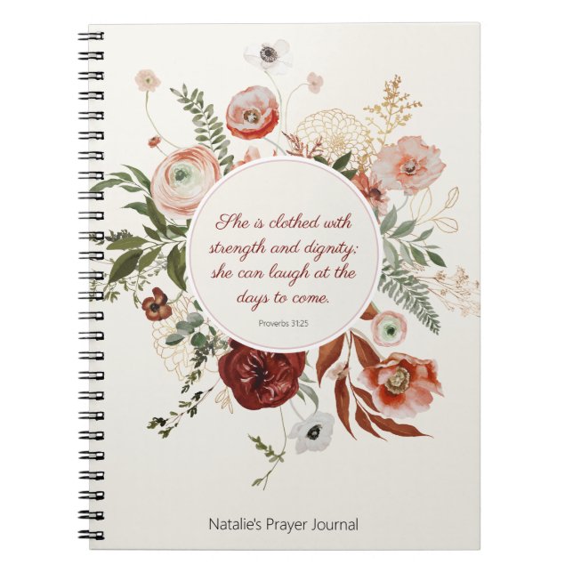 Proverbs 31:25  Rosa Blommigt Prayer Journal Anteckningsbok (Framsidan)