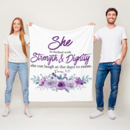 Proverbs 31:25 Sträng och värdighet Lila Flower Fleecefilt