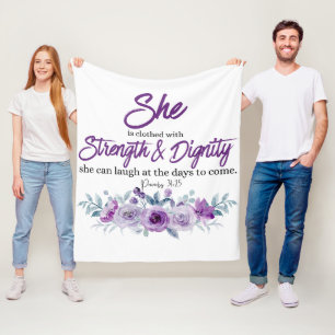 Proverbs 31:25 Sträng och värdighet Lila Flower Fleecefilt