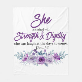 Proverbs 31:25 Sträng och värdighet Lila Flower Fleecefilt