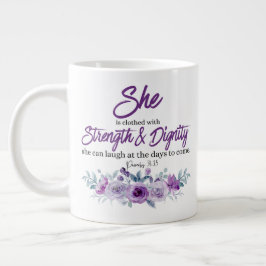 Proverbs 31:25 Sträng och värdighet Lila Flower Jumbo Mugg