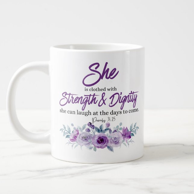 Proverbs 31:25 Sträng och värdighet Lila Flower Jumbo Mugg (Vänster)
